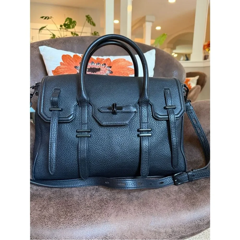 REBECCA MINKOFF SATCHEL BAG JULES BLK ON BLK LEATHER & HARDWARE w/STRAP EUC